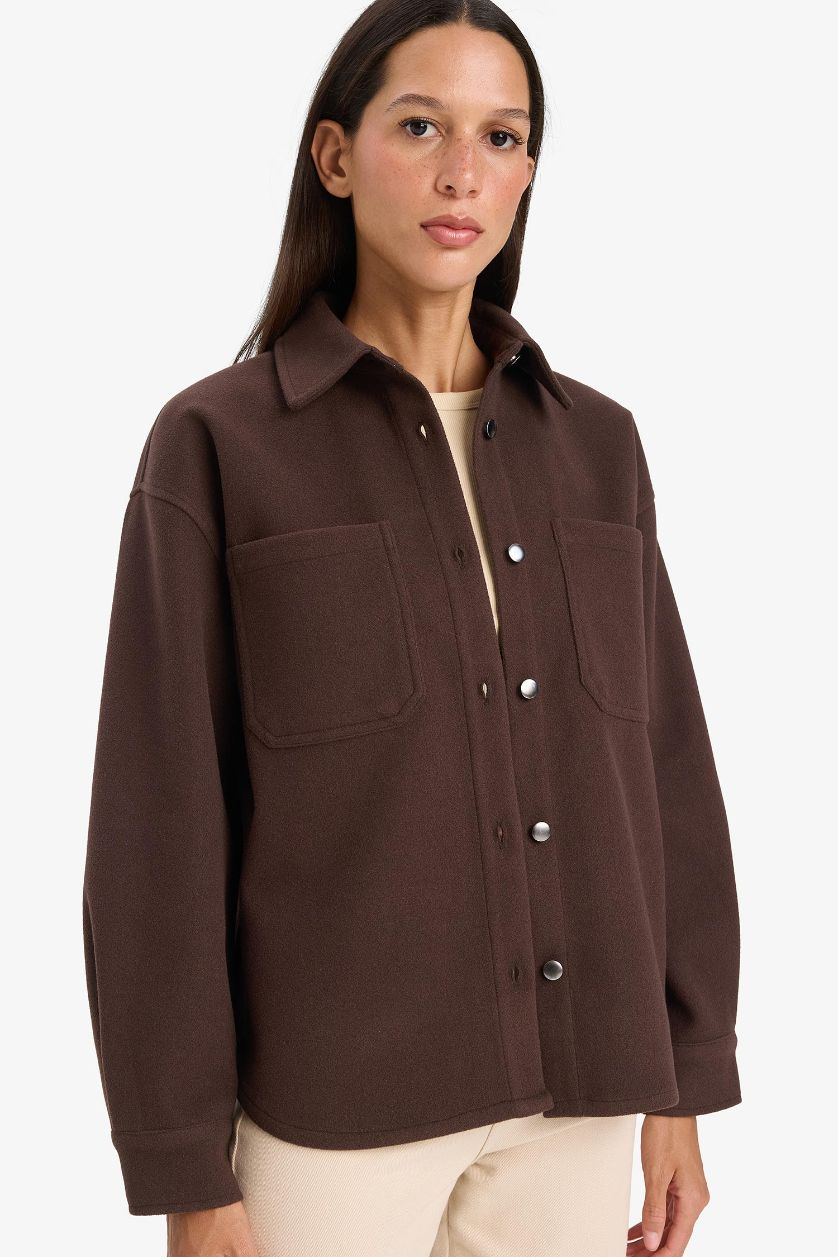 Woman Brown Shirt Collar Flanel Long Sleeve Shirt