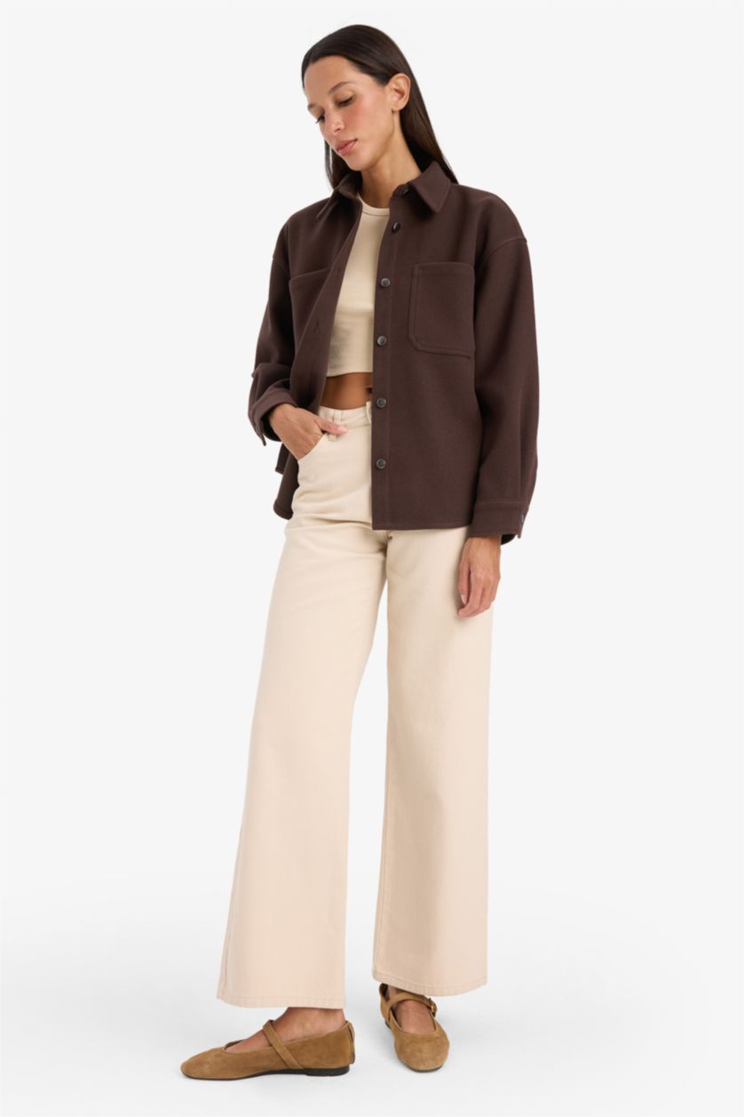 Woman Brown Shirt Collar Flanel Long Sleeve Shirt