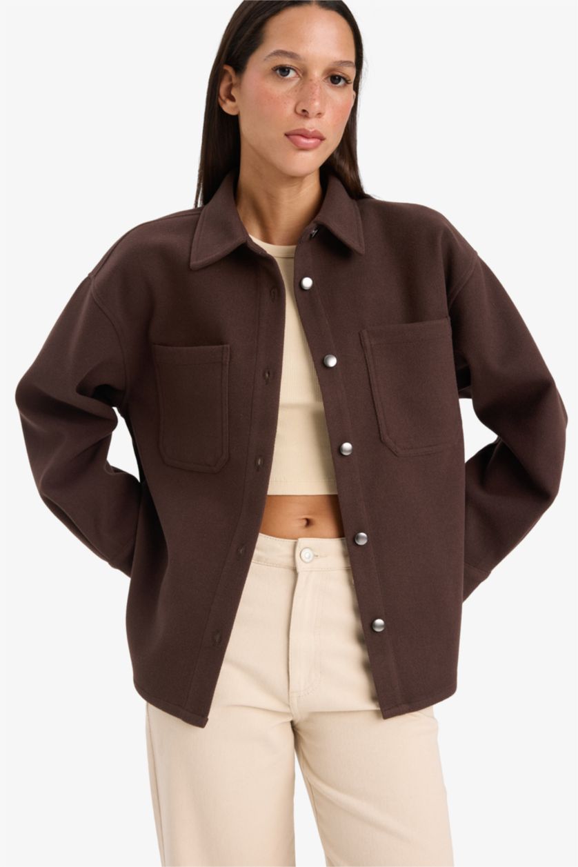 Woman Brown Shirt Collar Flanel Long Sleeve Shirt