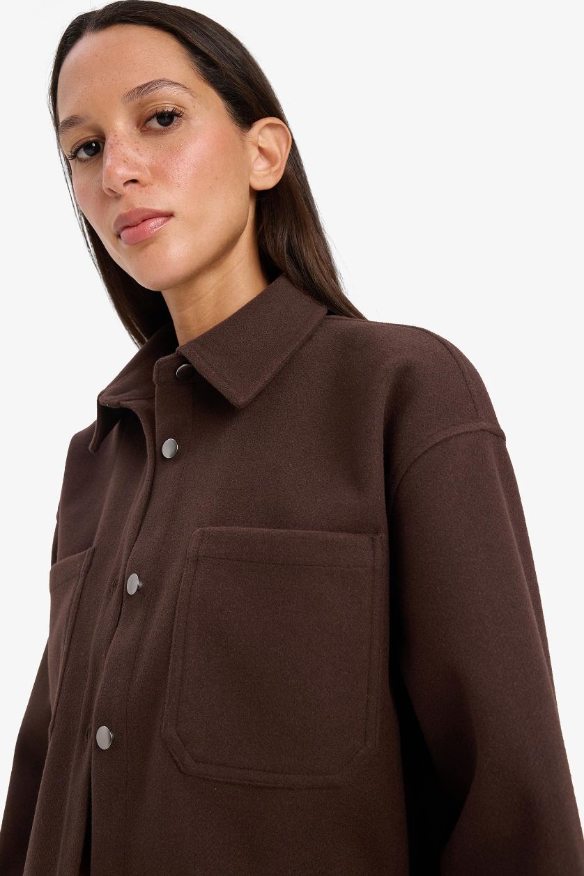 Woman Brown Shirt Collar Flanel Long Sleeve Shirt