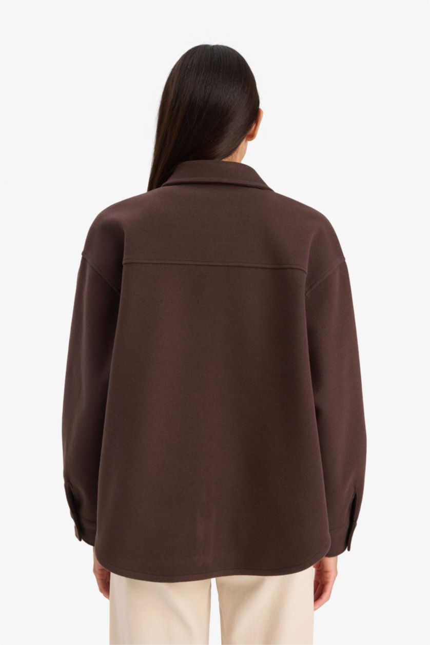 Woman Brown Shirt Collar Flanel Long Sleeve Shirt