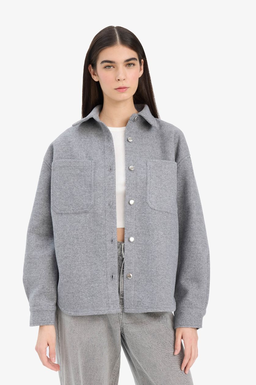 حريمي رمادي قميص كم طويل اوفر سايز فلانيل