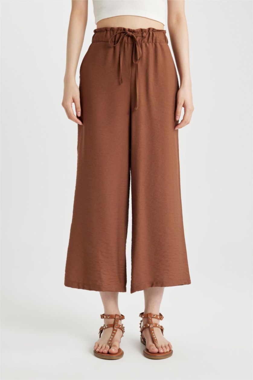 Kadın Kahve Beli Lastikli Keten Görünümlü Kapri