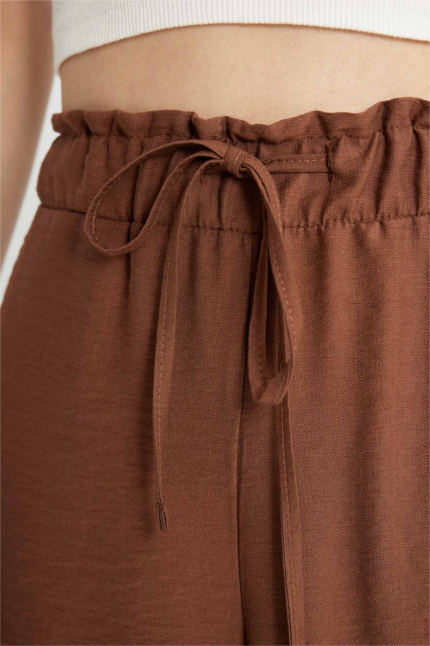 Kadın Kahve Beli Lastikli Keten Görünümlü Kapri
