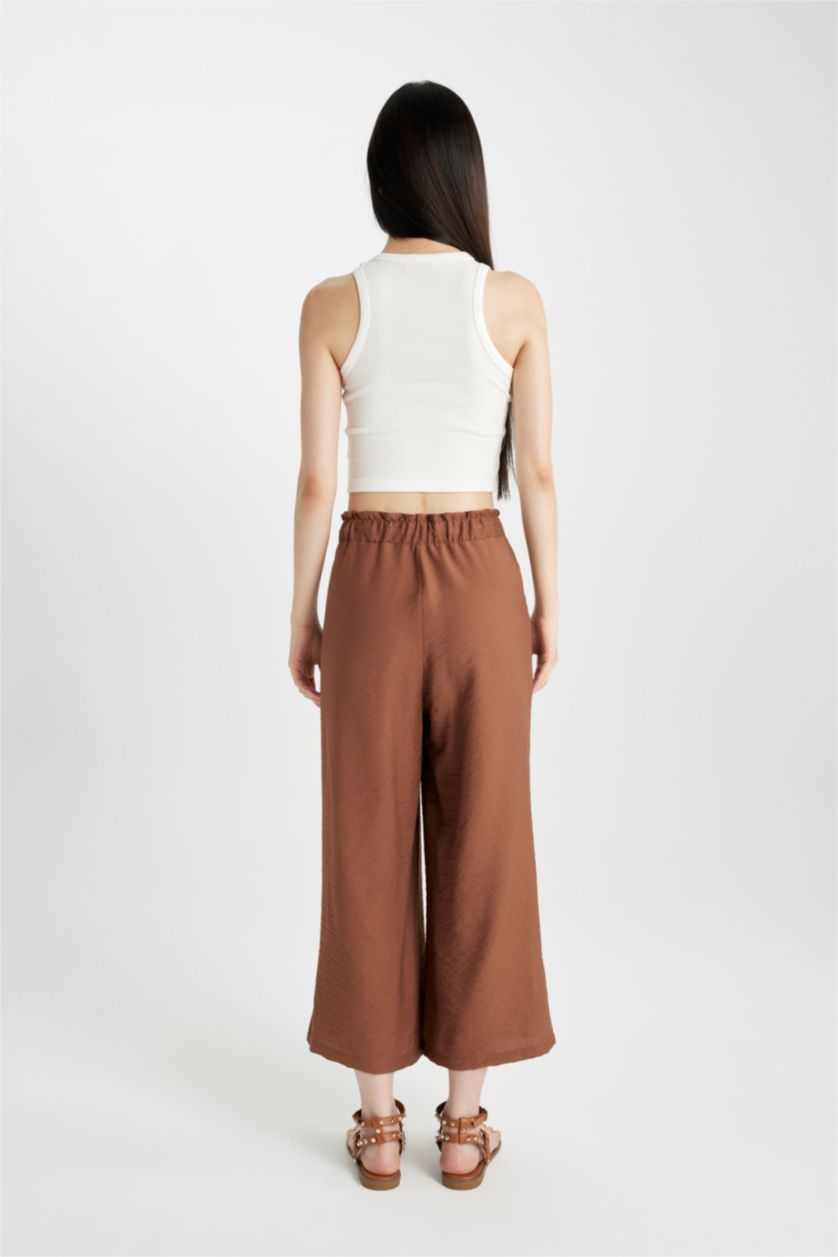 Kadın Kahve Beli Lastikli Keten Görünümlü Kapri