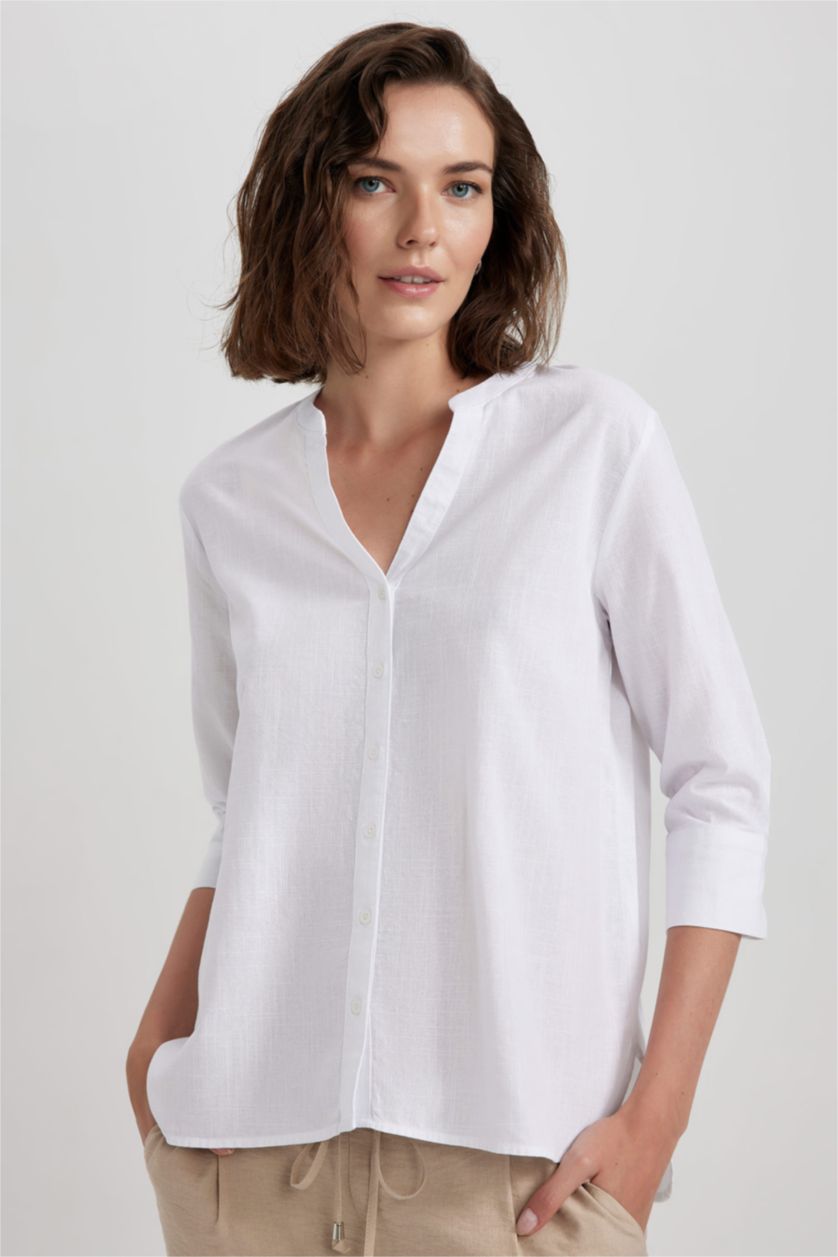 FEMME Blanc Chemise à Manches Longues en Tricot coupe régulière Col Ras Du Cou