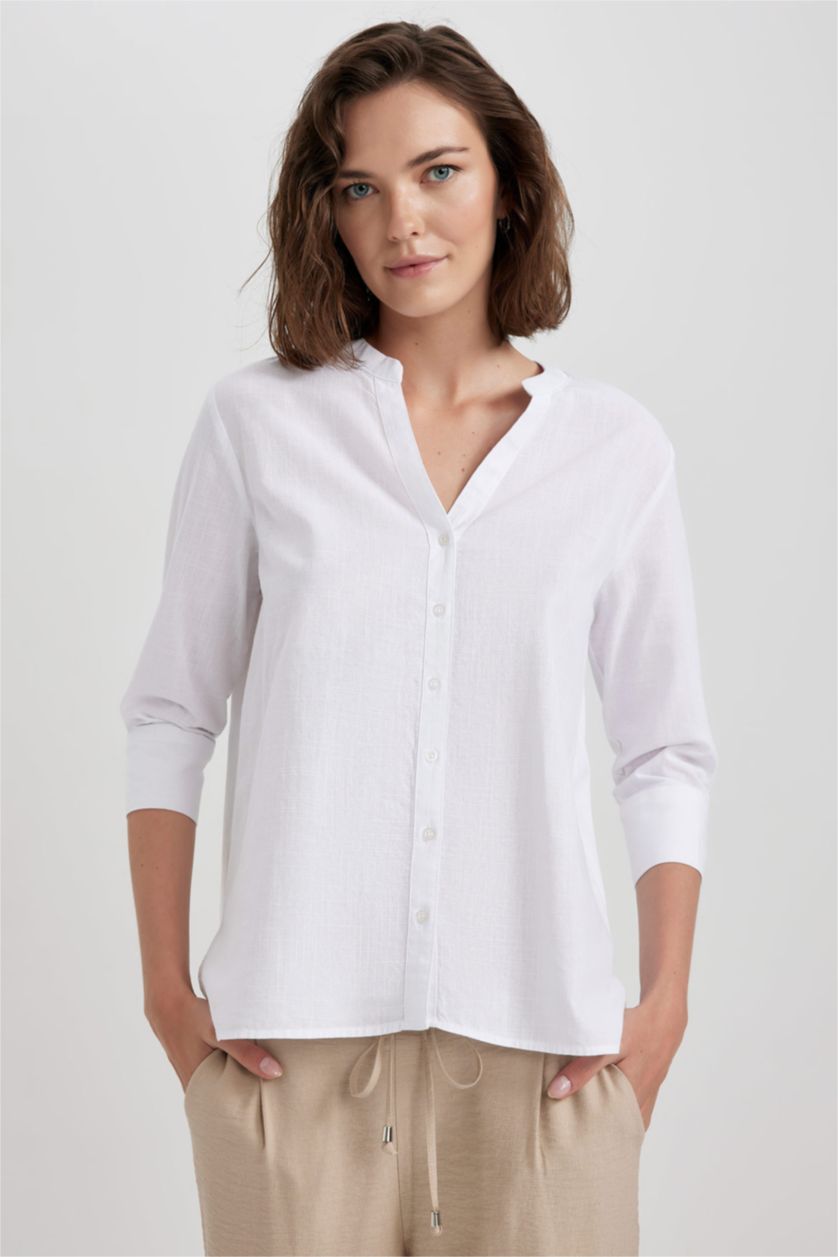 FEMME Blanc Chemise à Manches Longues en Tricot coupe régulière Col Ras Du Cou