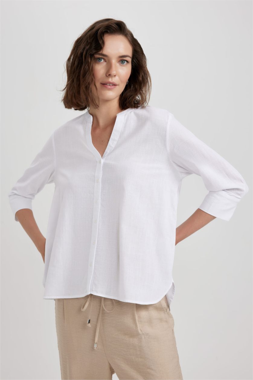 FEMME Blanc Chemise à Manches Longues en Tricot coupe régulière Col Ras Du Cou
