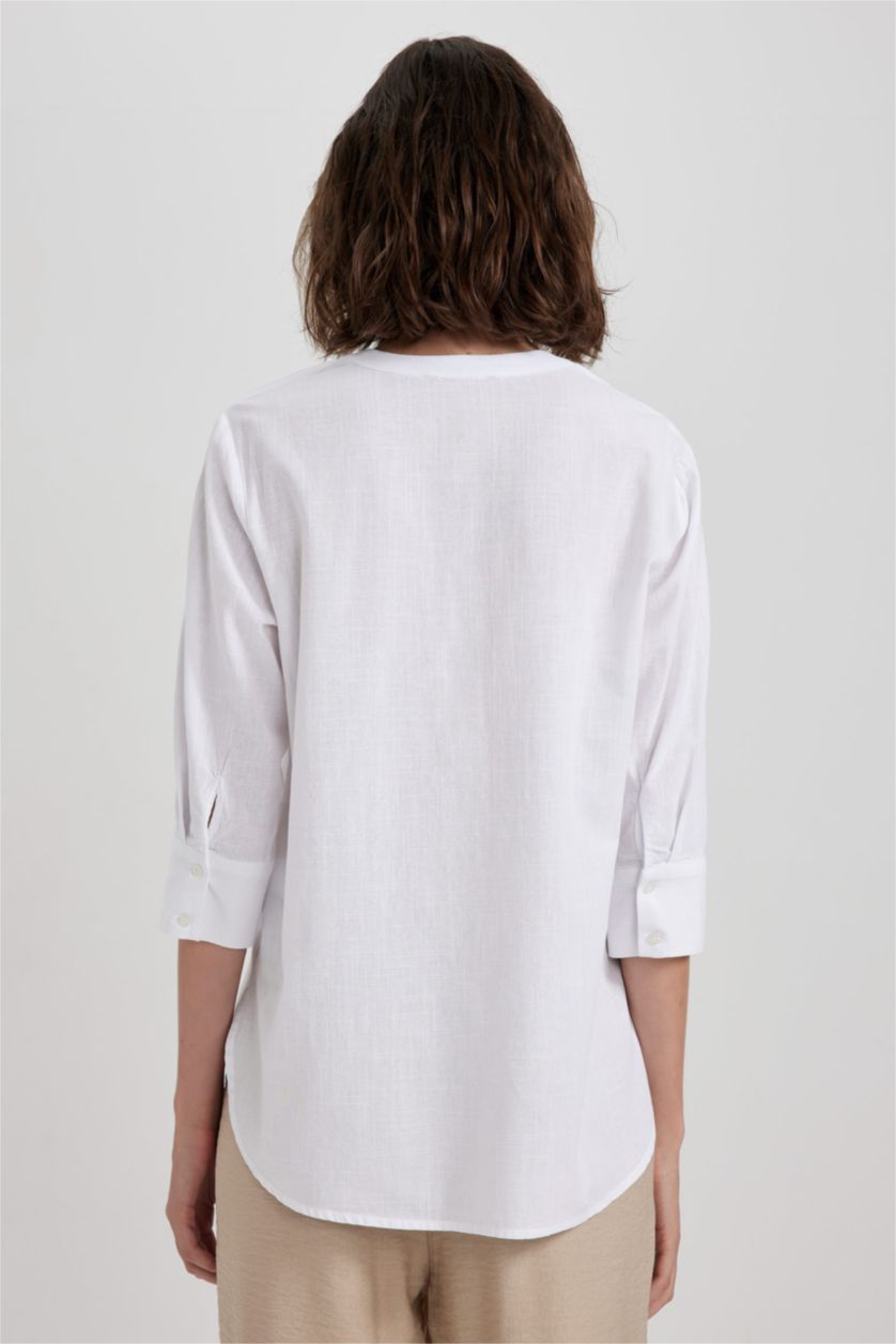 FEMME Blanc Chemise à Manches Longues en Tricot coupe régulière Col Ras Du Cou