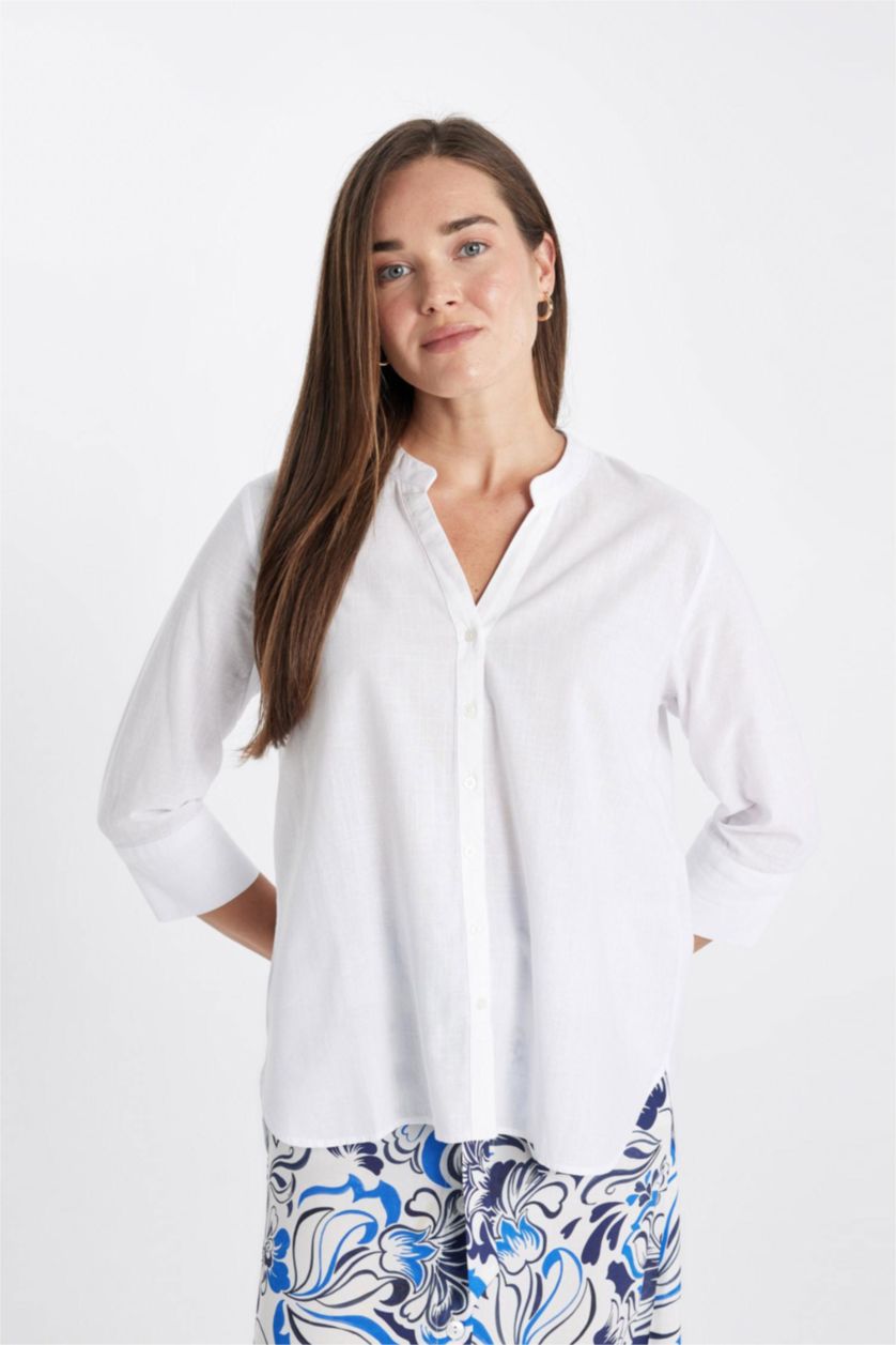 Kadın Violet Beyaz Regular Fıt Bisiklet Yaka Uzun Kollu Gömlek