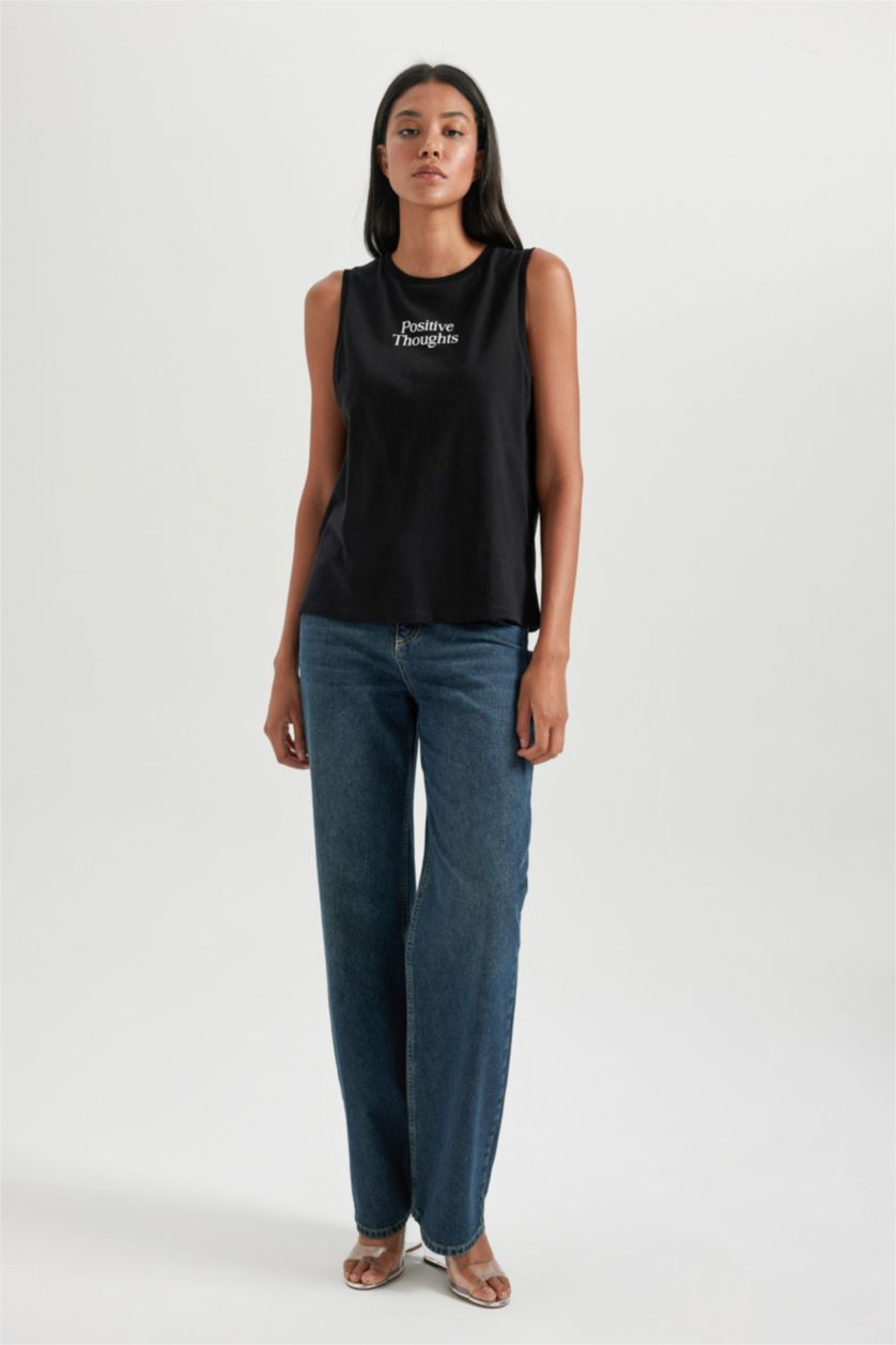 WOMAN Black Regular Fit Slogan Crew Neck Sleeveless Tank Top