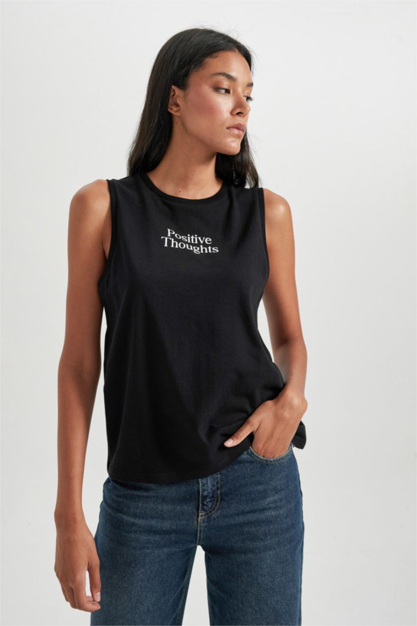 WOMAN Black Regular Fit Slogan Crew Neck Sleeveless Tank Top