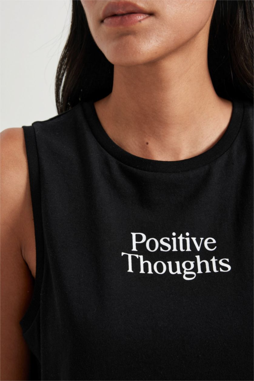 WOMAN Black Regular Fit Slogan Crew Neck Sleeveless Tank Top