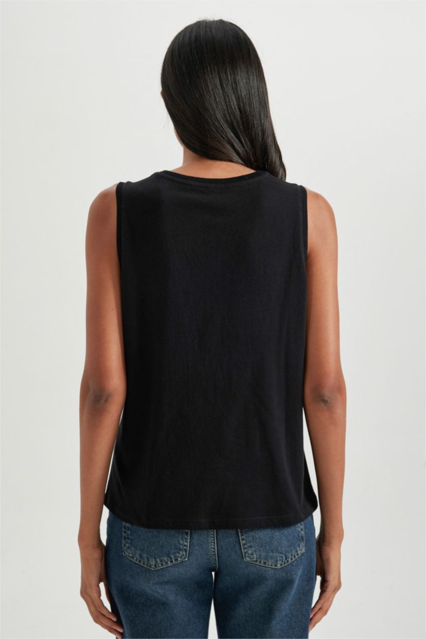 WOMAN Black Regular Fit Slogan Crew Neck Sleeveless Tank Top