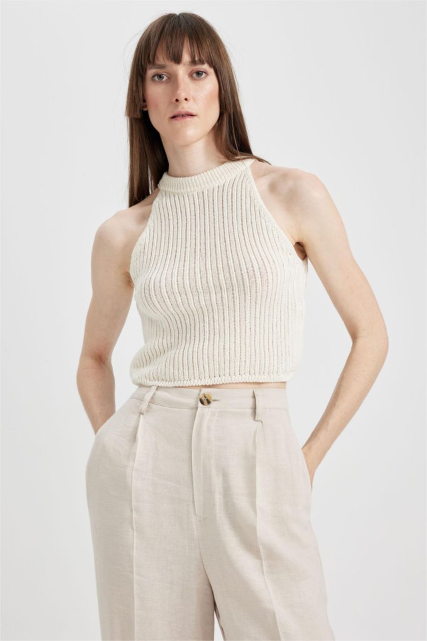 FEMME Écru Crop top en tricot ajouré