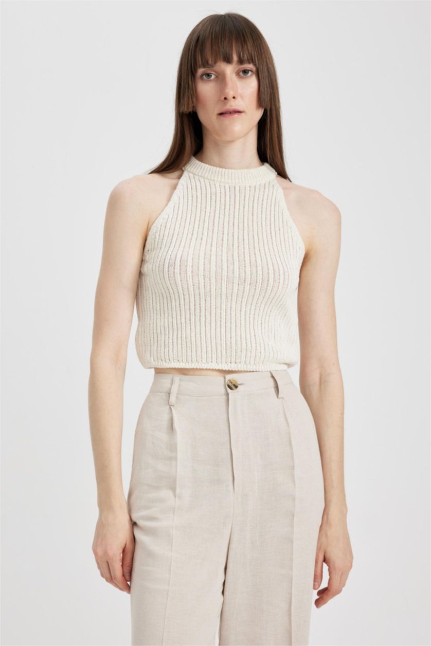 FEMME Écru Crop top en tricot ajouré