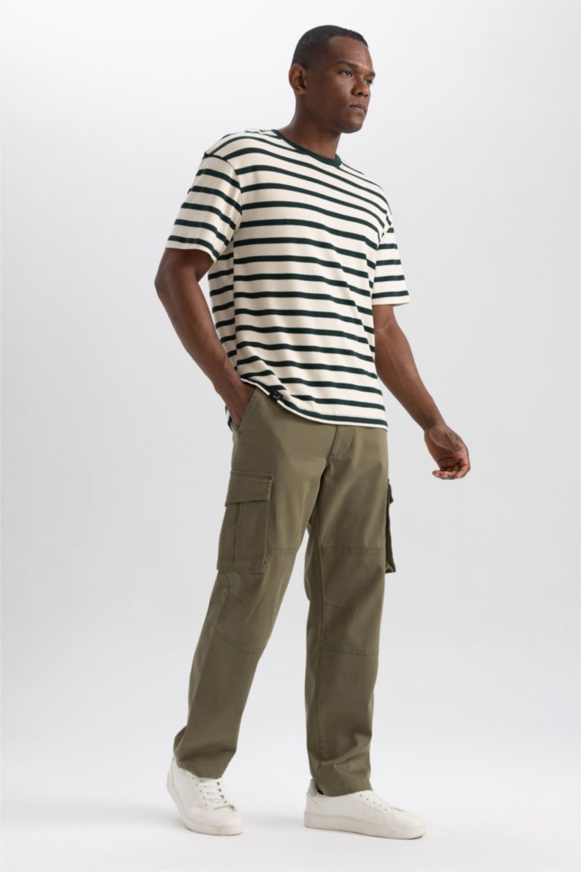 MAN Khaki Wide Leg Regular Hem With Cargo Pocket Gabardine Trousers