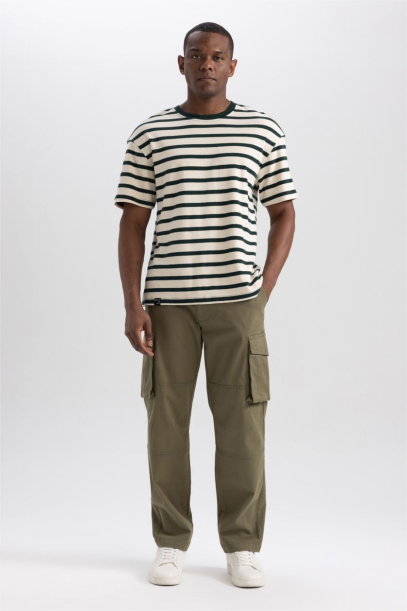 MAN Khaki Wide Leg Regular Hem With Cargo Pocket Gabardine Trousers