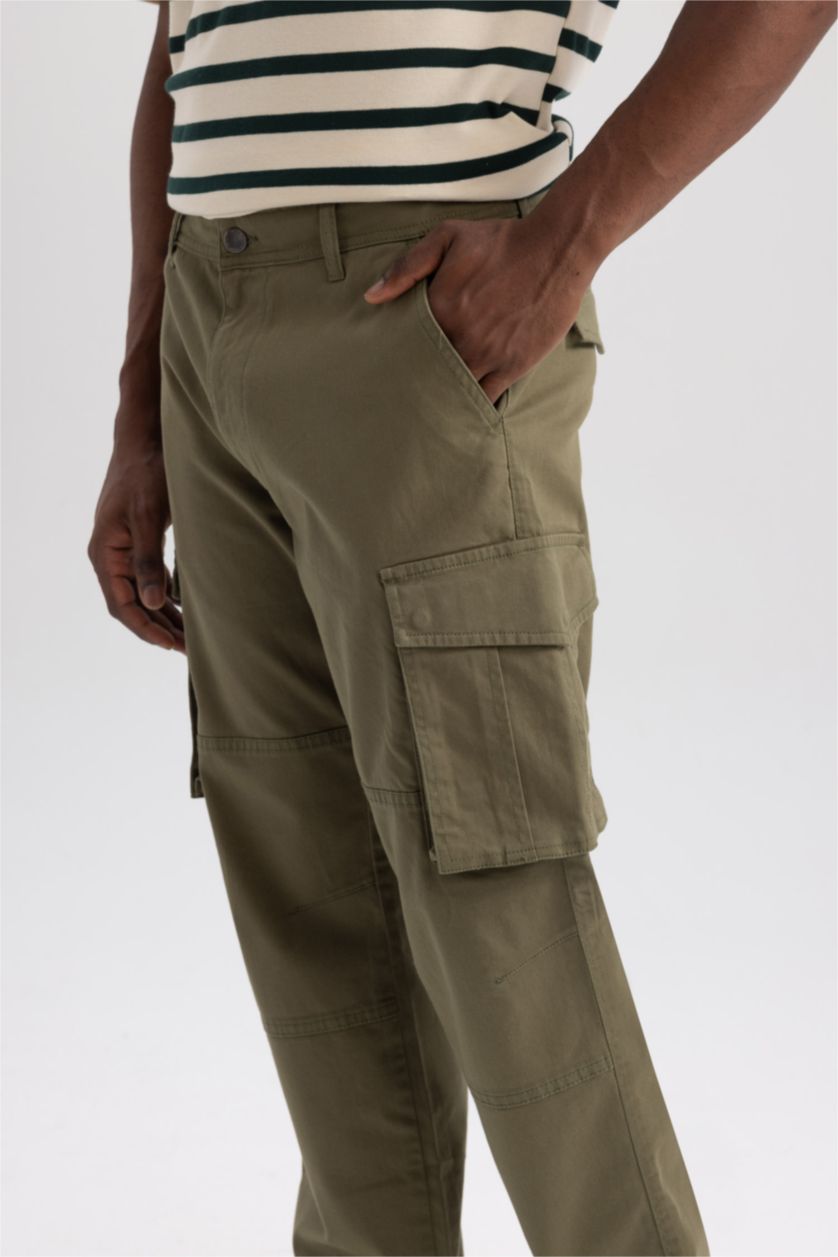 MAN Khaki Wide Leg Regular Hem With Cargo Pocket Gabardine Trousers