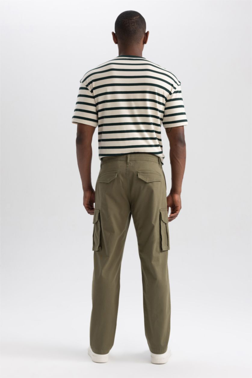 MAN Khaki Wide Leg Regular Hem With Cargo Pocket Gabardine Trousers