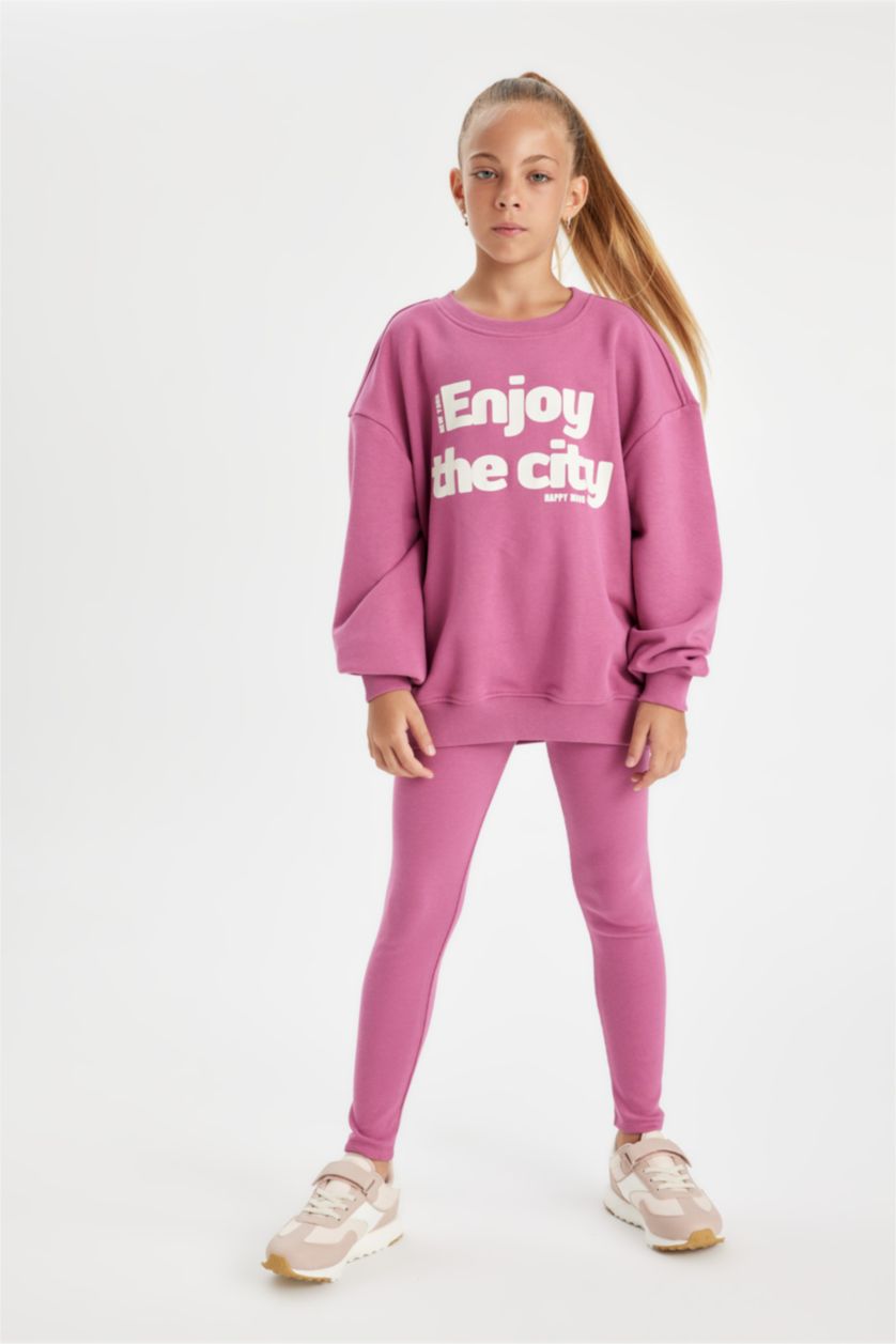 Kız Çocuk - Genç Kız Mor Kız Çocuk 2'li Takım Baskılı Sweatshirt Basic Düz Uzun Tayt