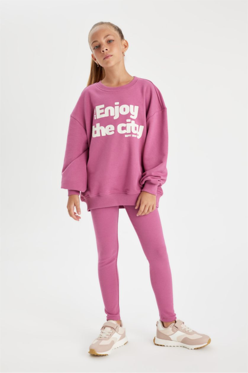 Kız Çocuk - Genç Kız Mor Kız Çocuk 2'li Takım Baskılı Sweatshirt Basic Düz Uzun Tayt