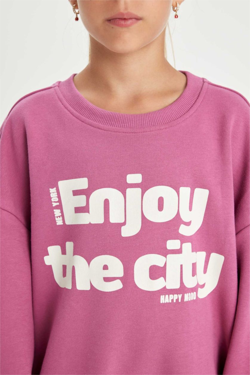 Kız Çocuk - Genç Kız Mor Kız Çocuk 2'li Takım Baskılı Sweatshirt Basic Düz Uzun Tayt