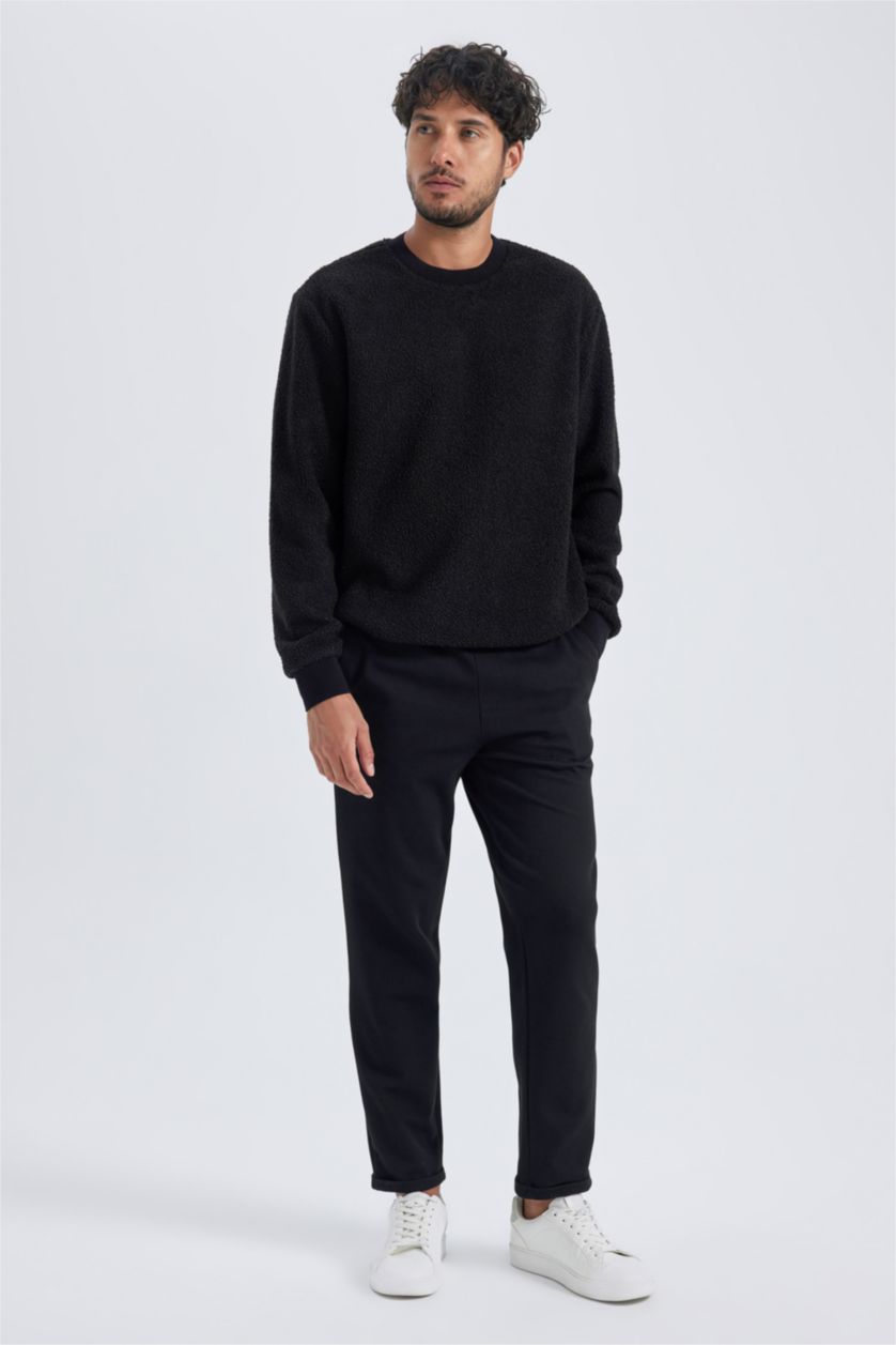 Erkek Siyah Regular Fit Bisiklet Yaka Basic Düz Pelüş Sweatshirt