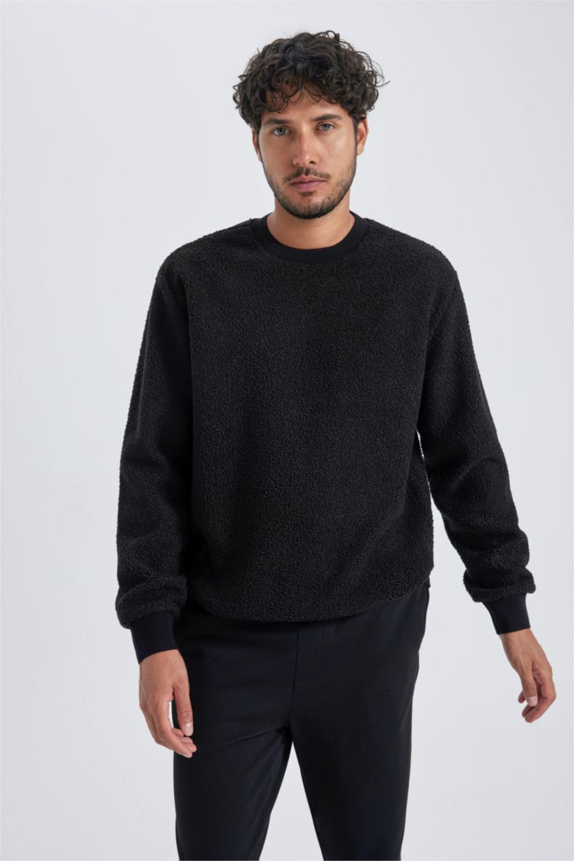 Erkek Siyah Regular Fit Bisiklet Yaka Basic Düz Pelüş Sweatshirt