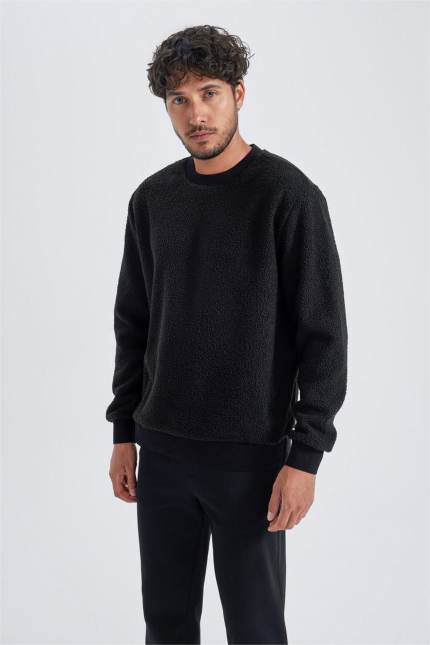 Erkek Siyah Regular Fit Bisiklet Yaka Basic Düz Pelüş Sweatshirt