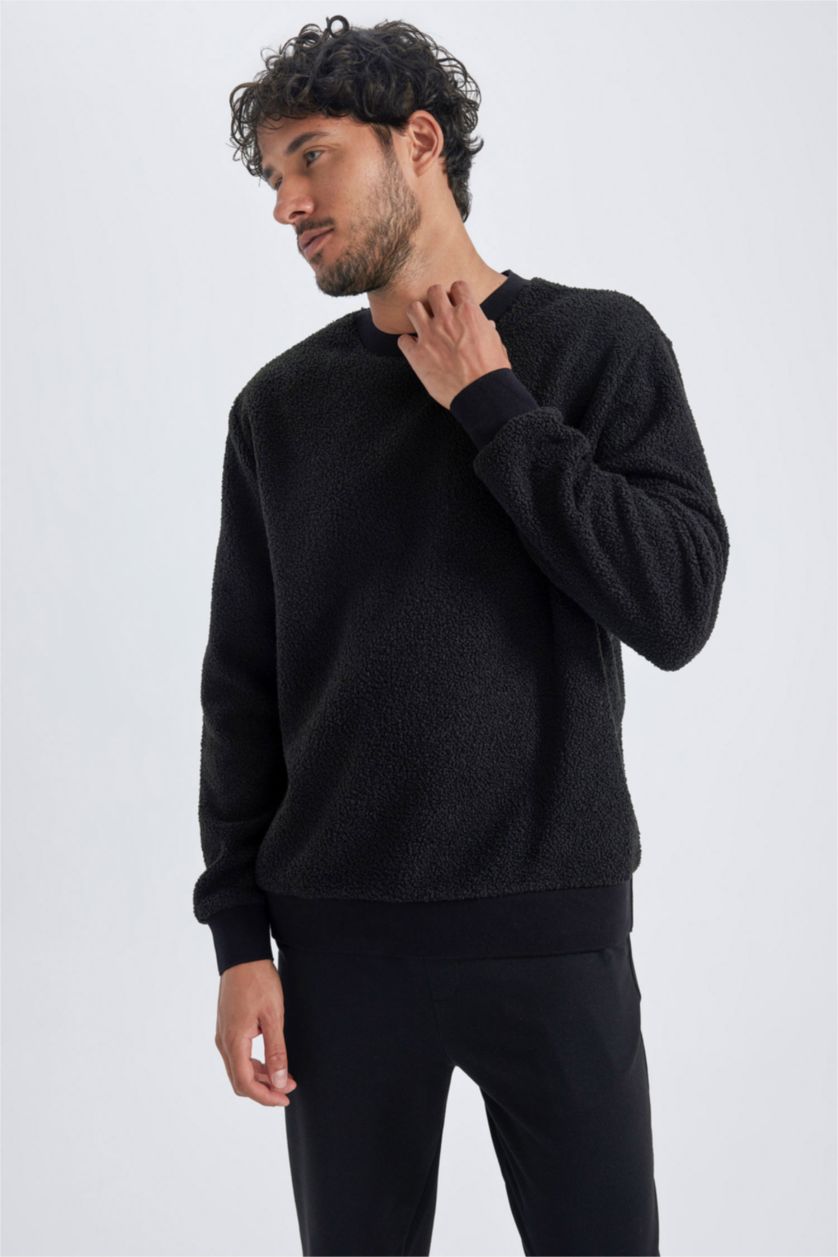 Erkek Siyah Regular Fit Bisiklet Yaka Basic Düz Pelüş Sweatshirt