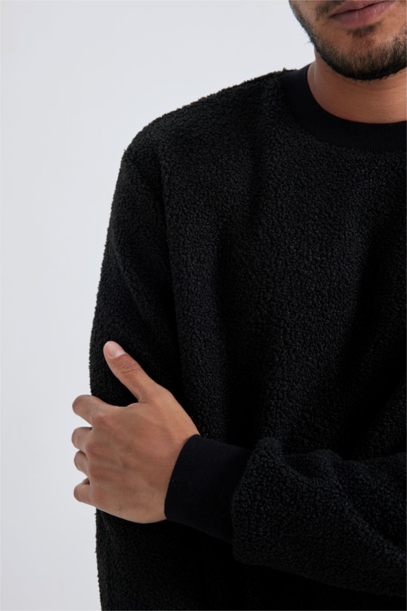 Erkek Siyah Regular Fit Bisiklet Yaka Basic Düz Pelüş Sweatshirt