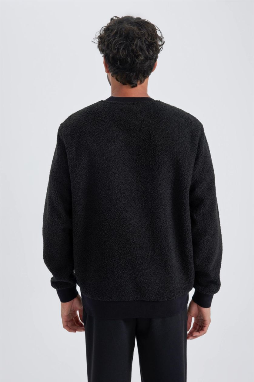 Erkek Siyah Regular Fit Bisiklet Yaka Basic Düz Pelüş Sweatshirt