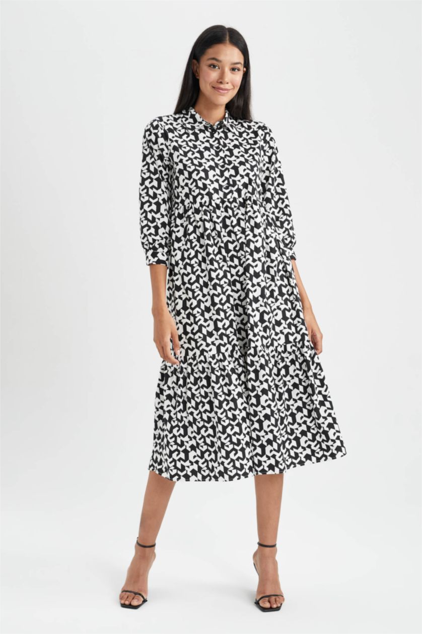 FEMME Noir Robe Tissée À Manches Longues Popeline