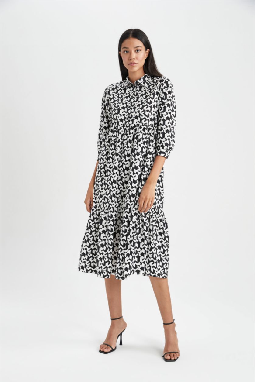 FEMME Noir Robe Tissée À Manches Longues Popeline