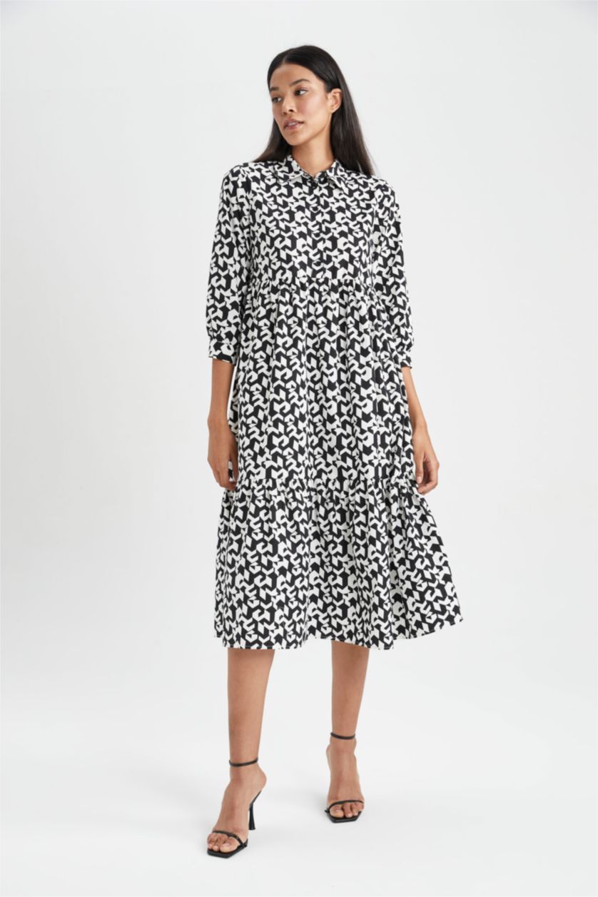 FEMME Noir Robe Tissée À Manches Longues Popeline