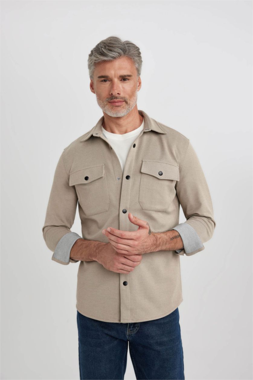 رجالي بيج قميص كم طويل قصة عادية بياقة بولو بجيبين