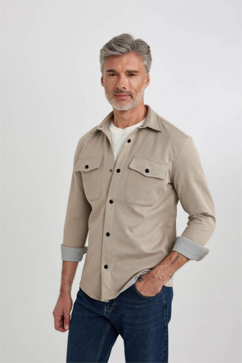رجالي بيج قميص كم طويل قصة عادية بياقة بولو بجيبين