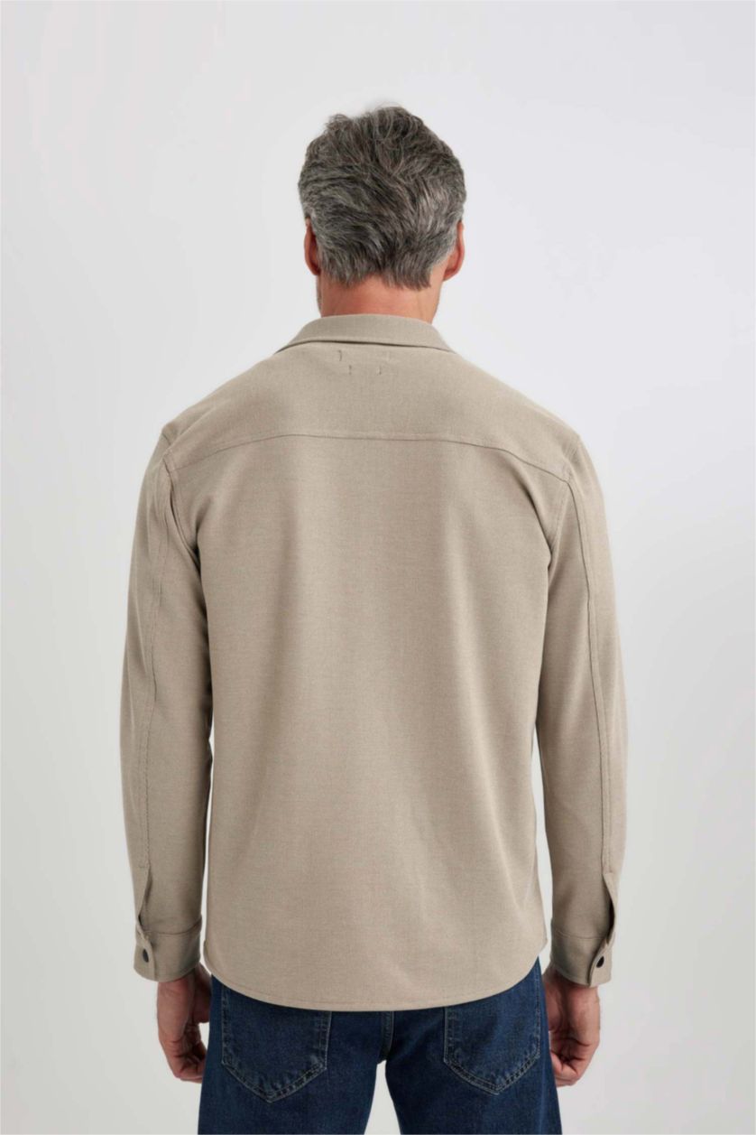 رجالي بيج قميص كم طويل قصة عادية بياقة بولو بجيبين