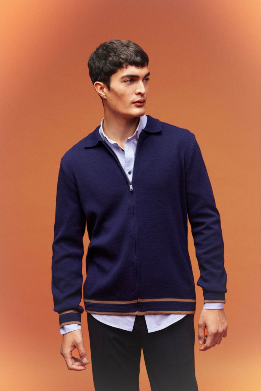 MAN NAVY Standard Fit Polo Collar Knitwear Cardigan