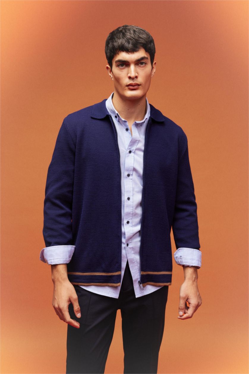 MAN NAVY Standard Fit Polo Collar Knitwear Cardigan