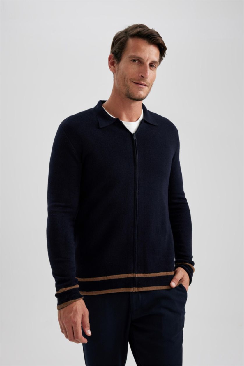 MAN NAVY Standard Fit Polo Collar Knitwear Cardigan
