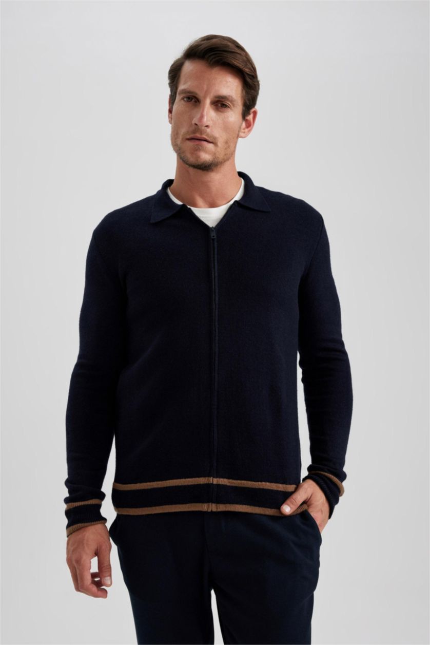MAN NAVY Standard Fit Polo Collar Knitwear Cardigan