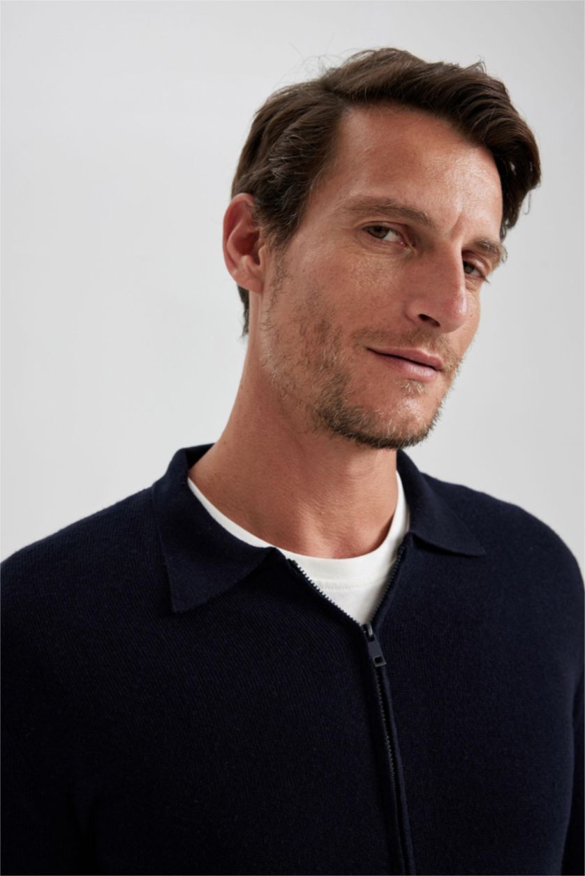 MAN NAVY Standard Fit Polo Collar Knitwear Cardigan