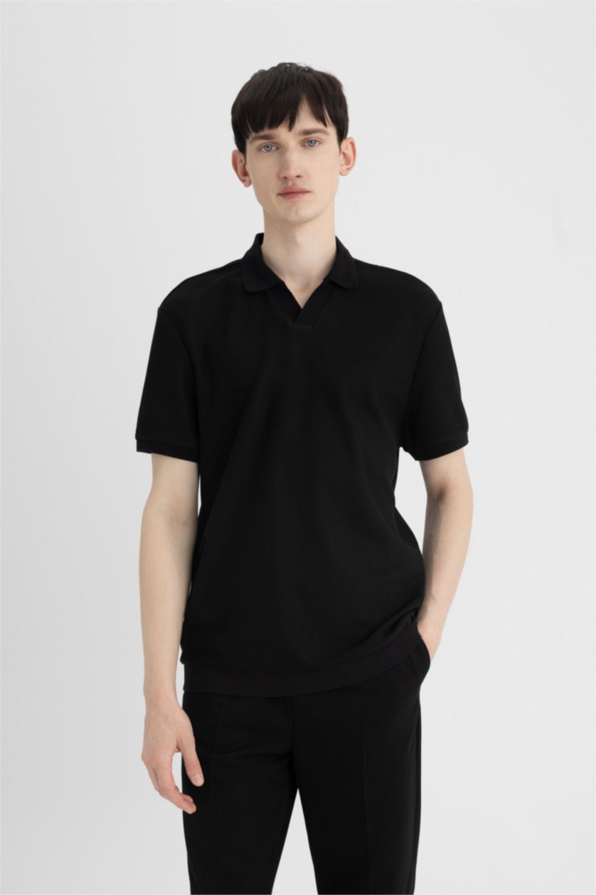 Мужчины Черный Regular Fit Knitting Look Short Sleeve Polo T-Shirt