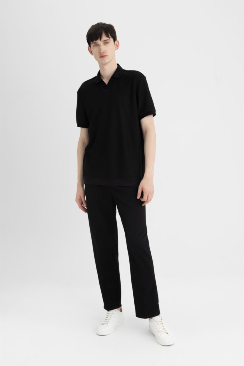 Мужчины Черный Regular Fit Knitting Look Short Sleeve Polo T-Shirt