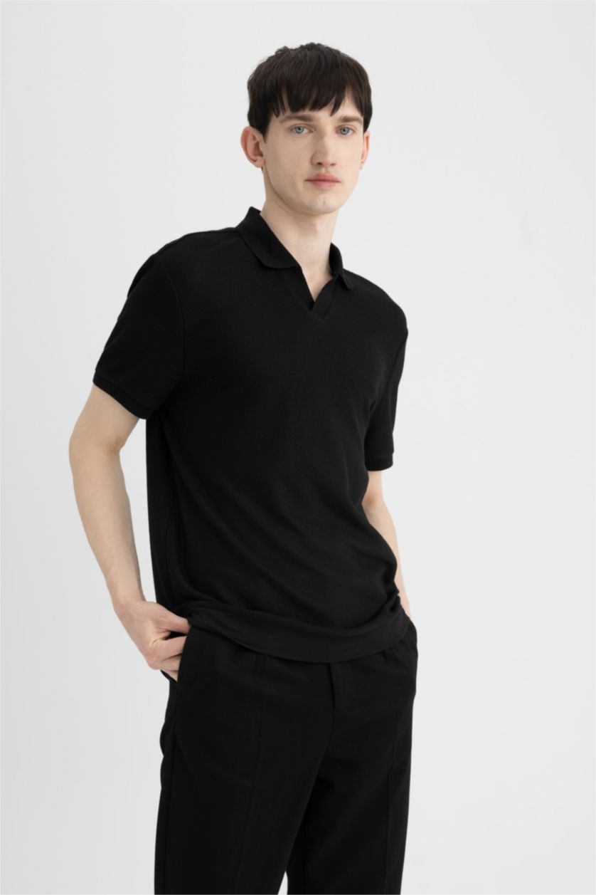 Мужчины Черный Regular Fit Knitting Look Short Sleeve Polo T-Shirt