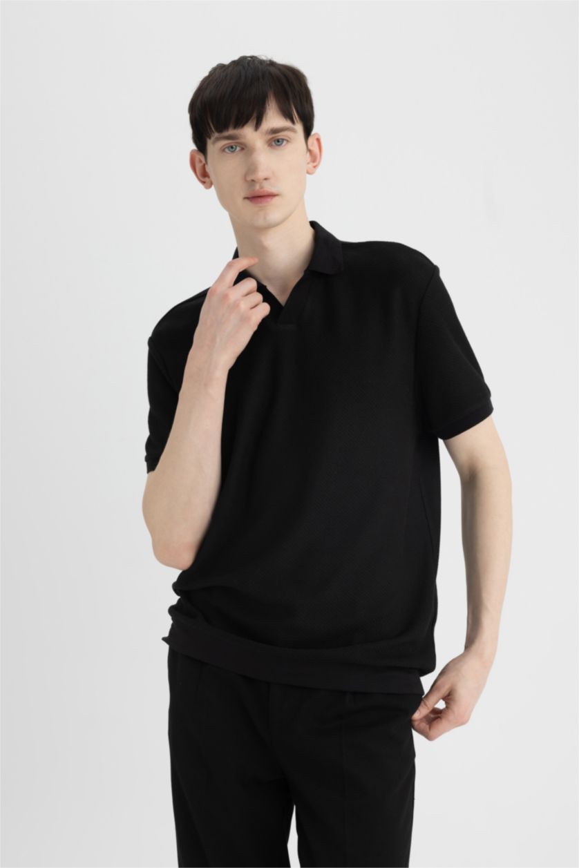 Мужчины Черный Regular Fit Knitting Look Short Sleeve Polo T-Shirt