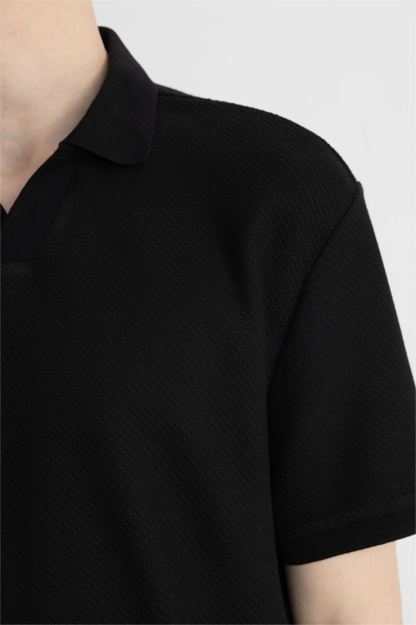 Мужчины Черный Regular Fit Knitting Look Short Sleeve Polo T-Shirt