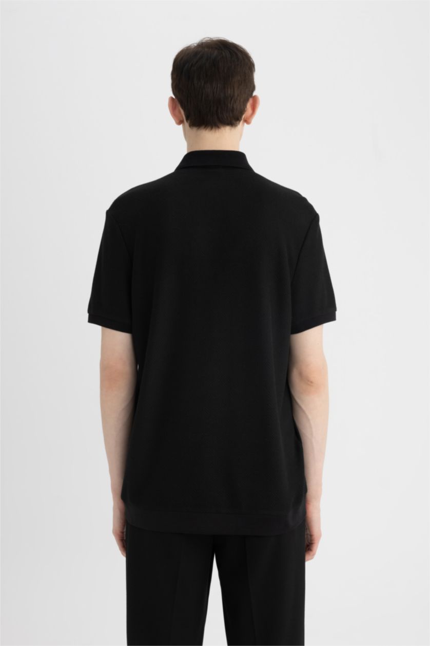 Мужчины Черный Regular Fit Knitting Look Short Sleeve Polo T-Shirt